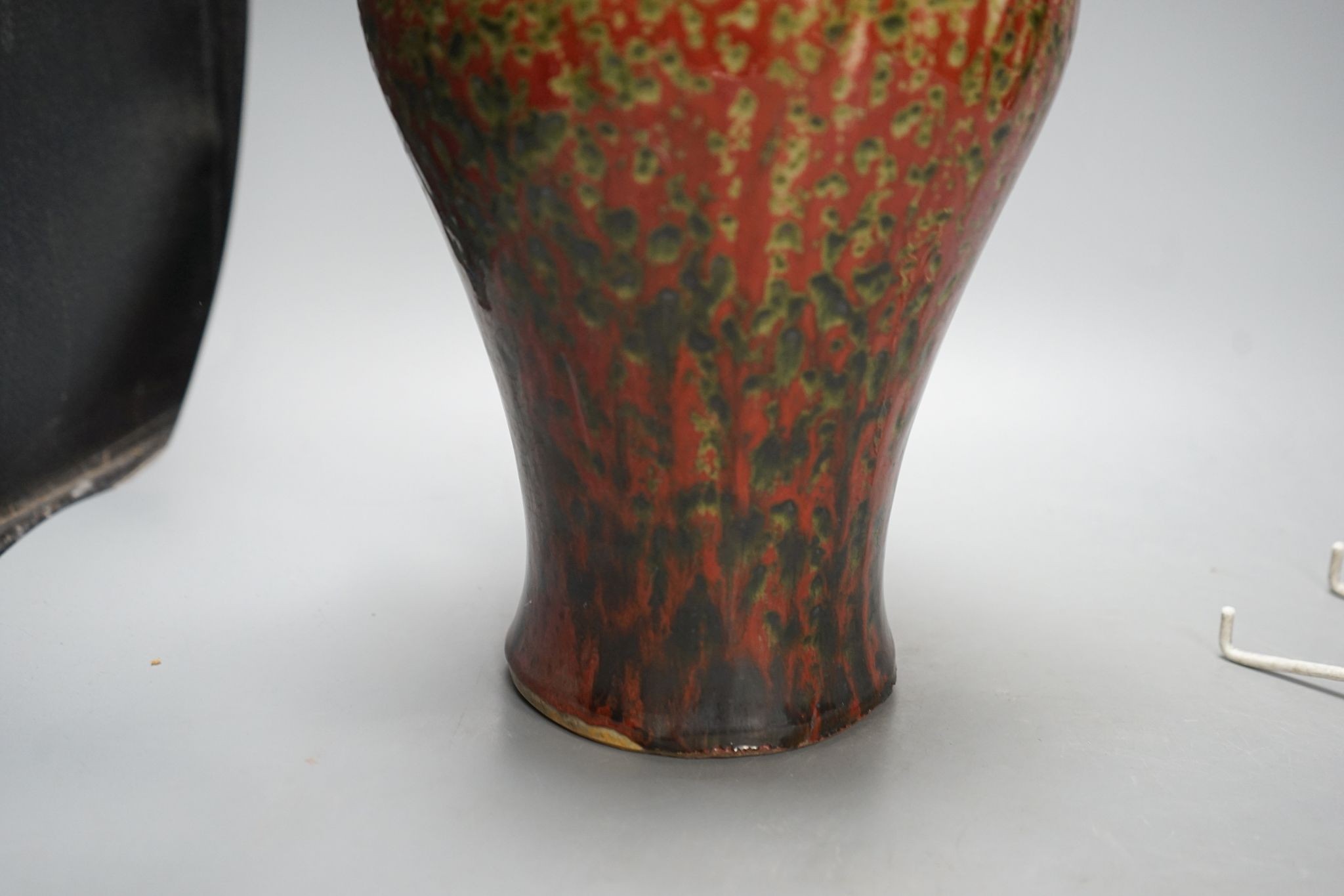 A Chinese flambe vase and two Ming dishes, vase 36cm